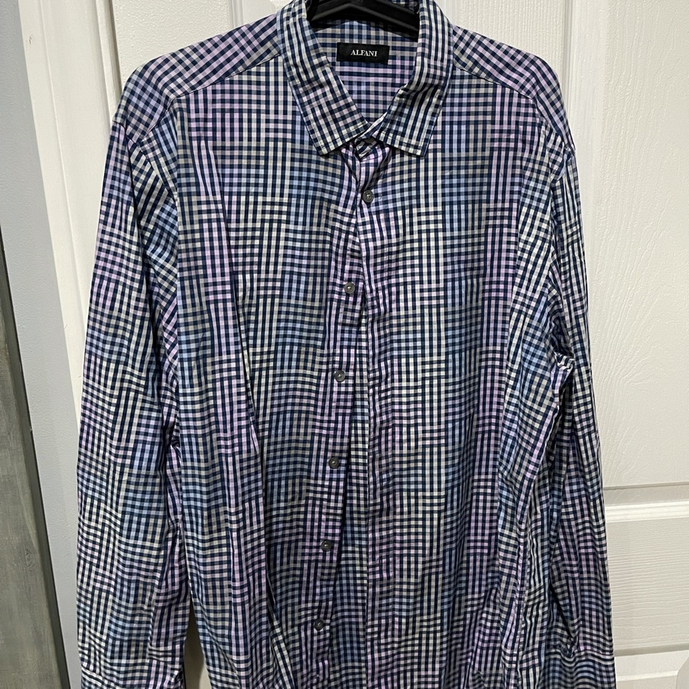 Alfani button down shirt for men. Large sized. Color: blue, purple and yellow.